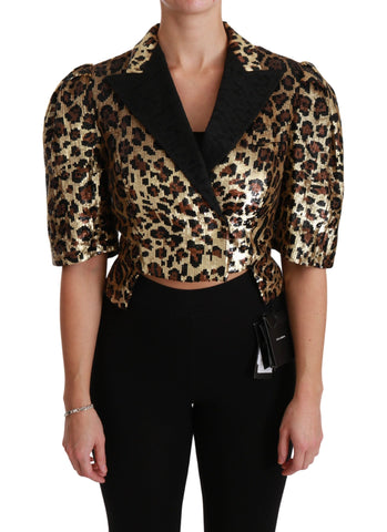 Gold leopard sequined blazer jacket by Dolce & Gabbana, stylish tailored blazer with bold animal print and sparkling sequins.
