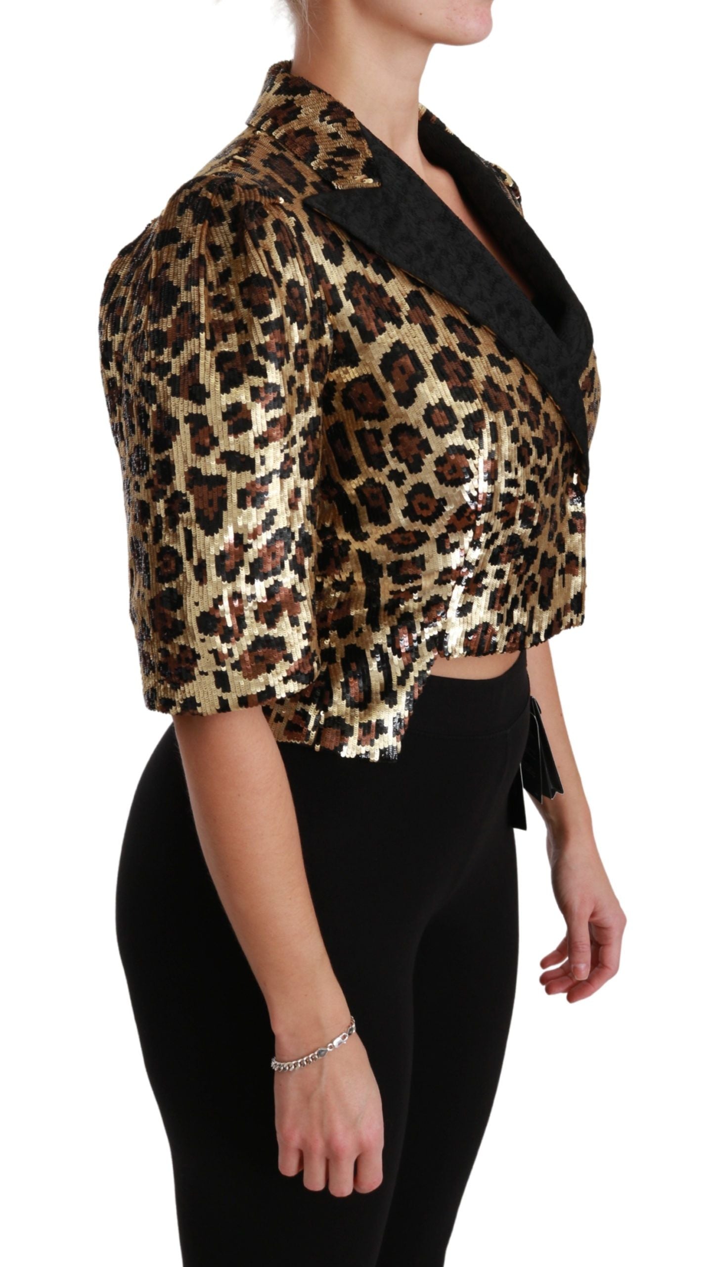 Gold leopard sequined blazer jacket by Dolce & Gabbana, featuring a stylish tailored fit and eye-catching sparkle.