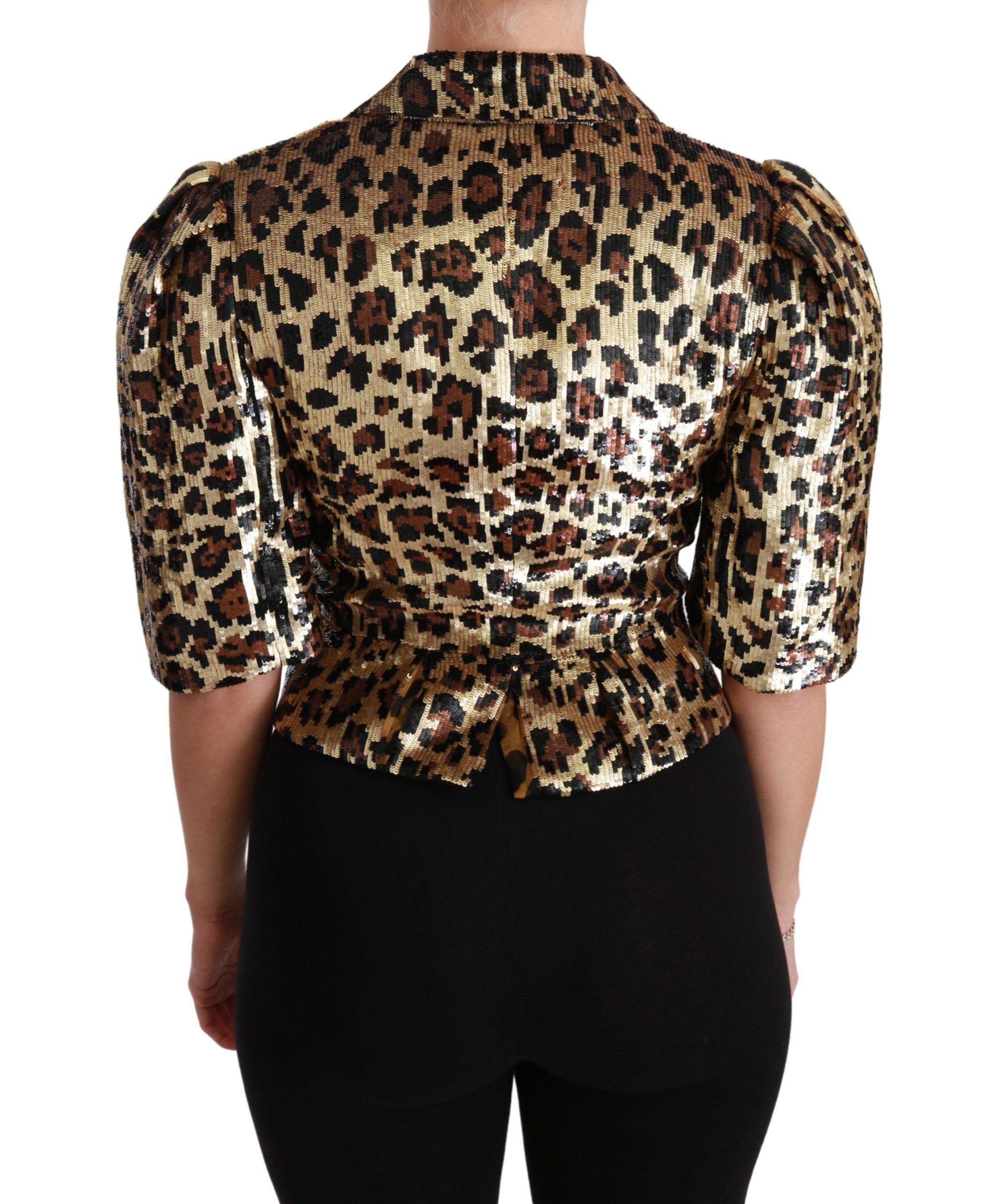 Gold leopard sequined blazer jacket by Dolce & Gabbana, stylish men's or women's fashion with shimmering animal print design.
