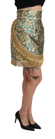 Blue high waist jacquard skirt with tassel details and gold accents from Dolce & Gabbana, shown in a stylish fabric close-up.