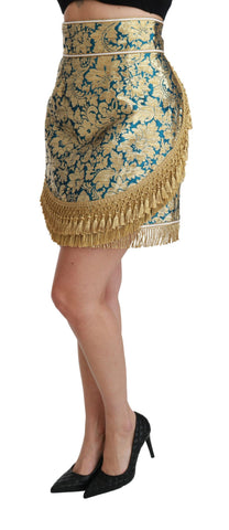 Blue high waist jacquard skirt with gold tassels by Dolce & Gabbana, featuring intricate pattern and elegant design.