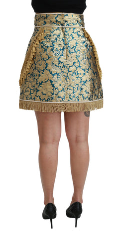 Blue high waist Jacquard tassel gold skirt by Dolce & Gabbana, featuring intricate fabric design and elegant gold tassel details.