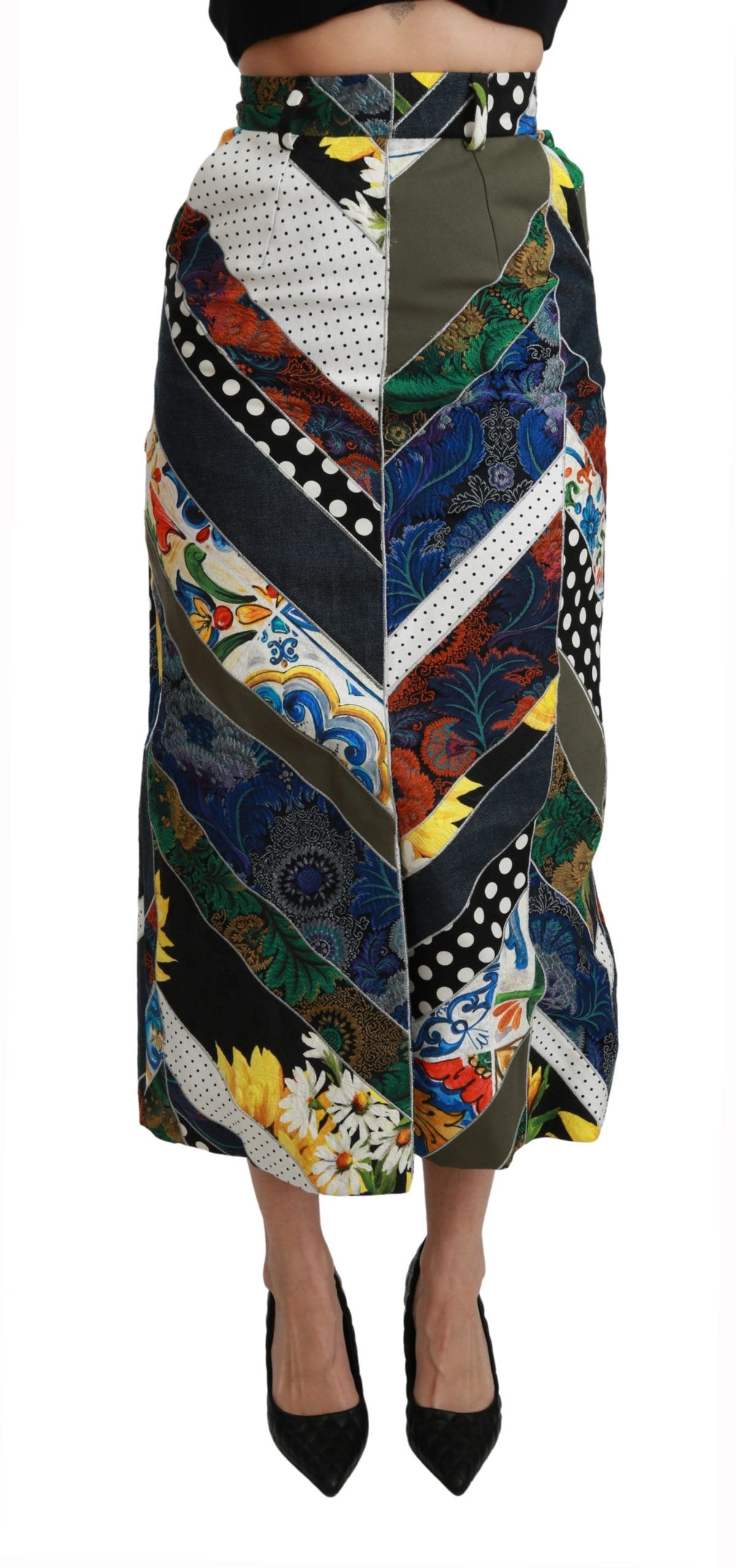 Multicolor silk geometric high waist maxi skirt by Dolce & Gabbana, featuring vibrant patterns and flowing fabric.