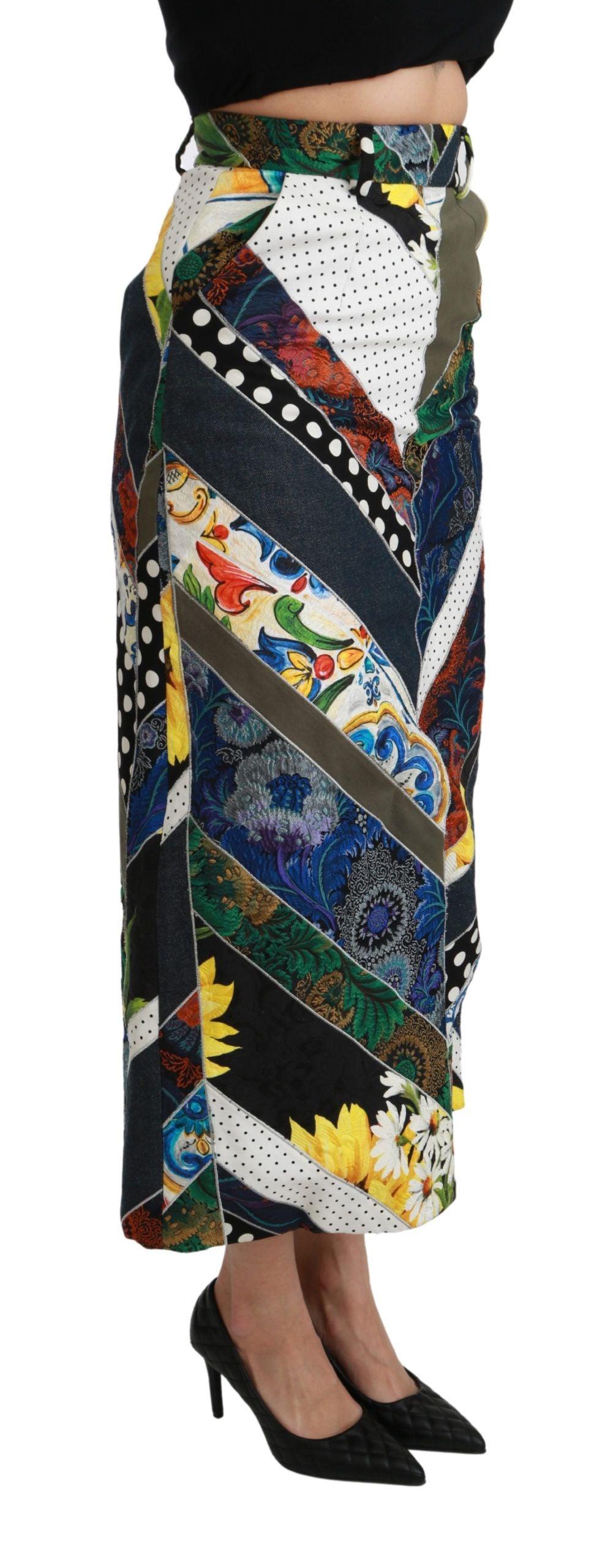 Multicolor silk geometric high waist maxi skirt by Dolce & Gabbana with bold patterns and flowing fabric.