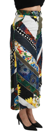 Multicolor silk geometric high waist maxi skirt by Dolce & Gabbana with bold patterns and flowing fabric.