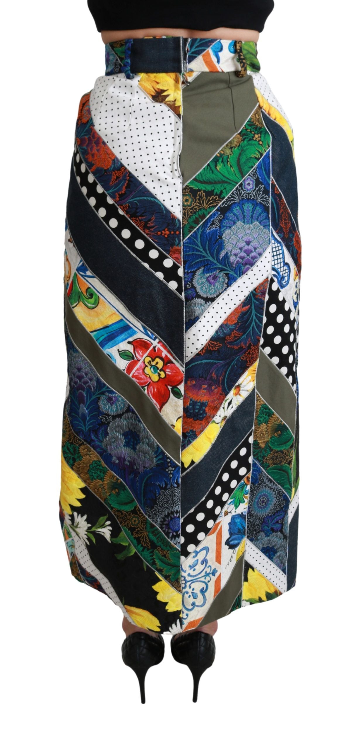 Multicolor silk geometric high waist maxi skirt by Dolce & Gabbana, showcasing vibrant patterns and flowing fabric.