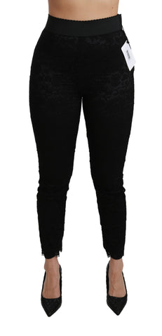 Black lace skinny high-waist cotton pants by Dolce & Gabbana, featuring a fitted silhouette and intricate lace details.