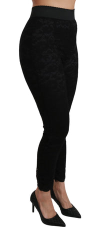 Black lace skinny high-waist cotton pants by Dolce & Gabbana, featuring a fitted silhouette and intricate lace details.