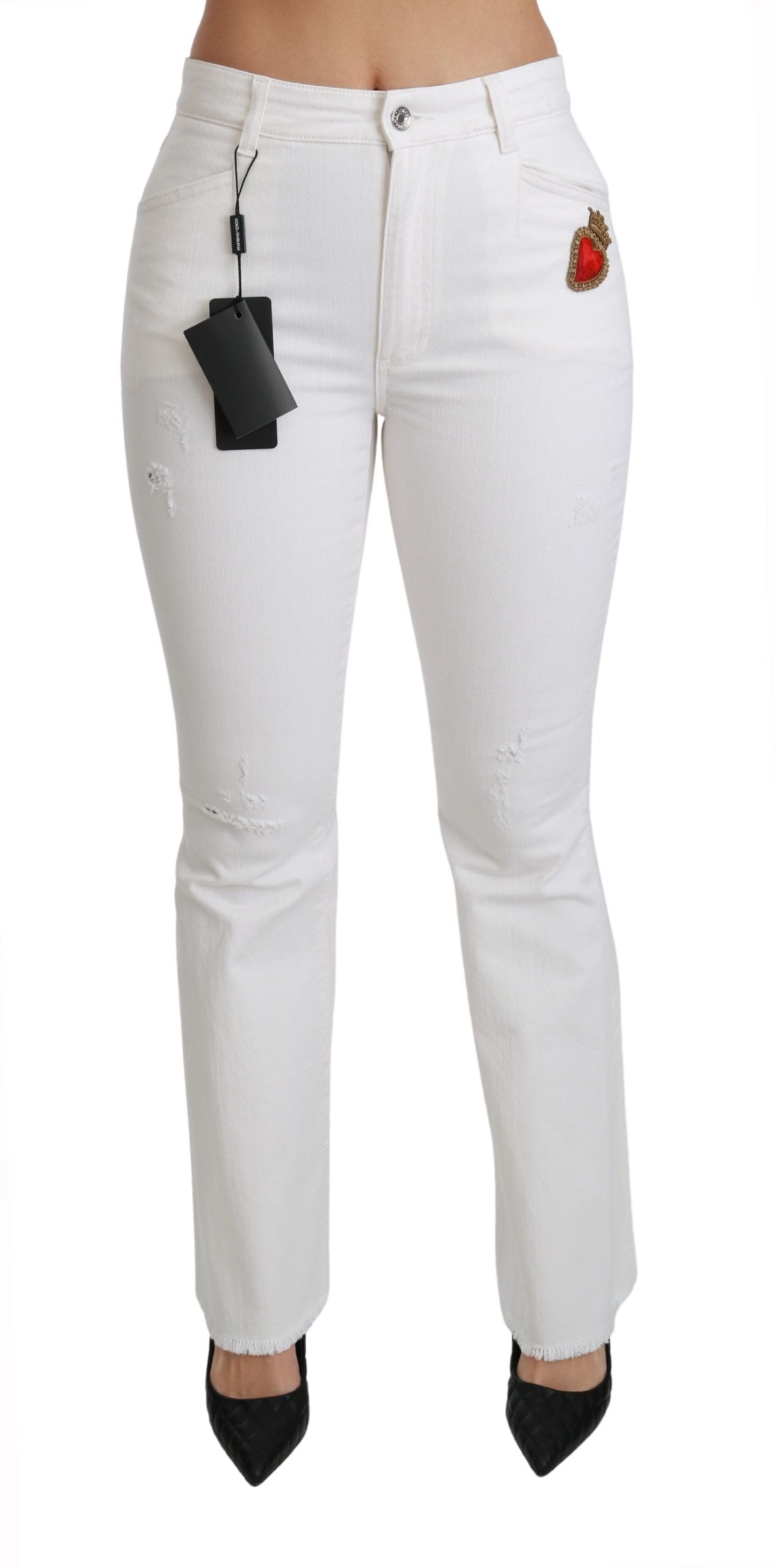 White heart-flared stretch cotton pants by Dolce & Gabbana with a fitted waist and flared leg design.