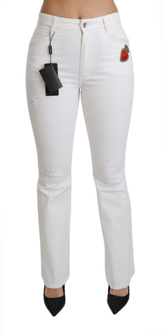 White heart-flared stretch cotton pants by Dolce & Gabbana with a fitted waist and flared leg design.