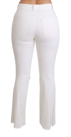 White heart-shaped flared stretch cotton pants by Dolce & Gabbana, featuring a fitted waist and wide leg design.