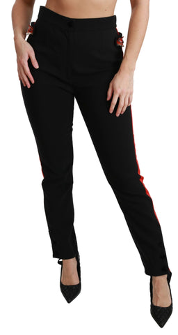 Black skinny stretch cotton pants with fox head print by Dolce & Gabbana, featuring a fitted design and stylish details.