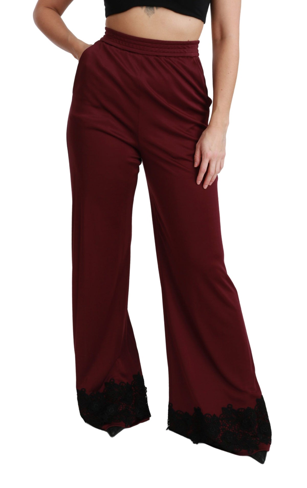 Black lace high waist wide-leg maroon pants by Dolce & Gabbana, featuring intricate lace details and flowing wide-leg silhouette.