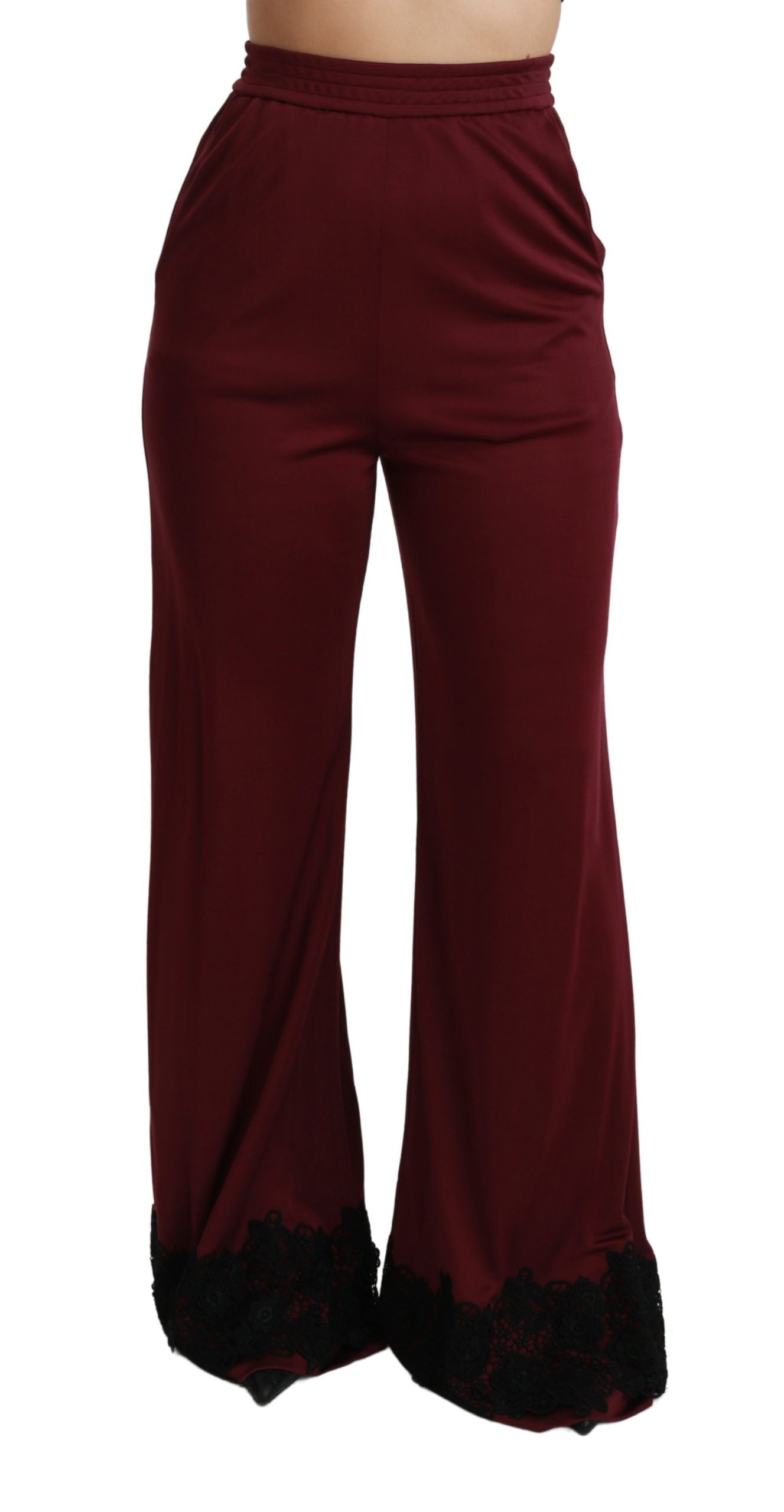 Black lace high waist wide-leg maroon pants by Dolce & Gabbana, featuring intricate lace details and a flowing silhouette.