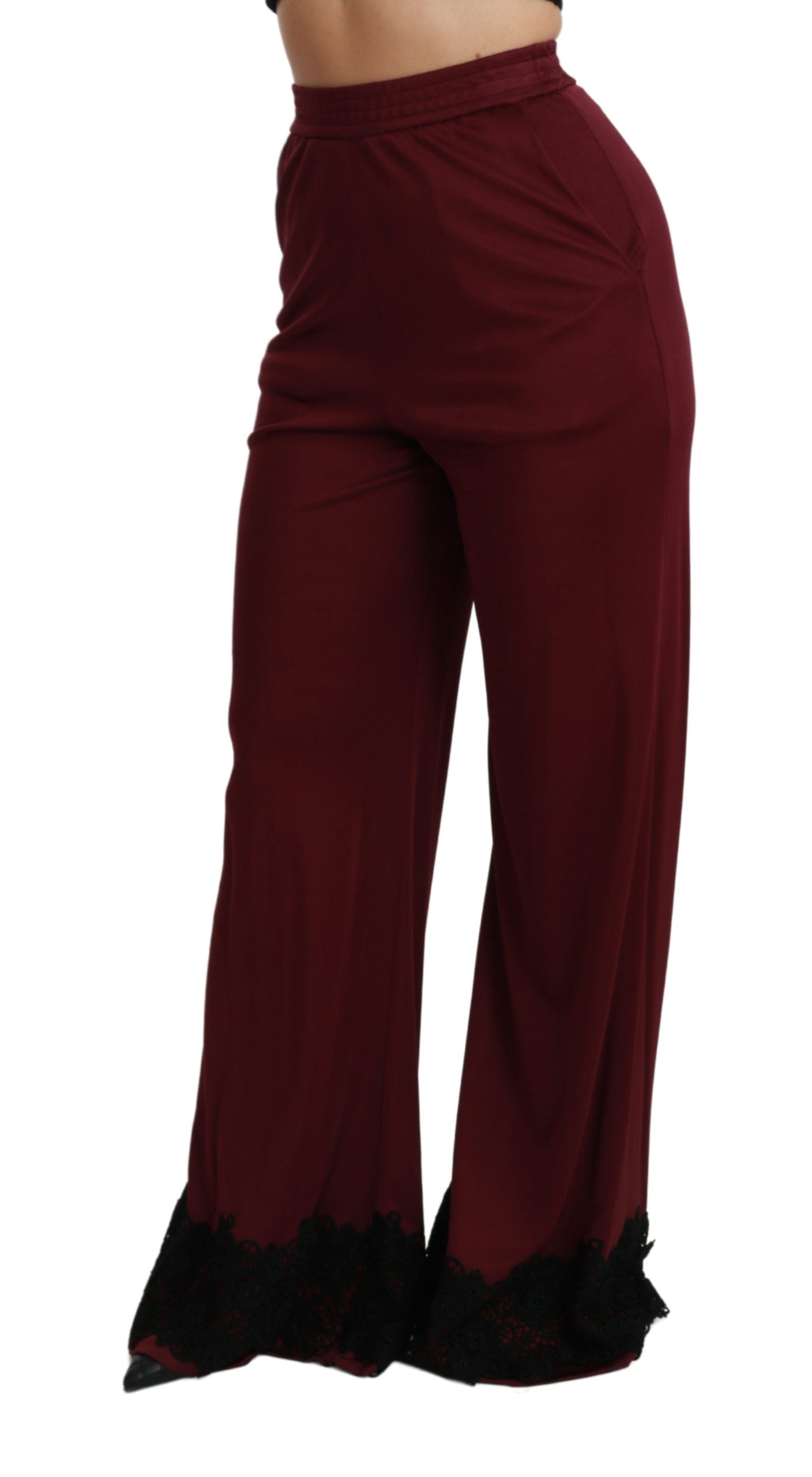 Black lace high waist wide-leg maroon pants by Dolce & Gabbana, showing intricate lace details and flowing wide-leg design.