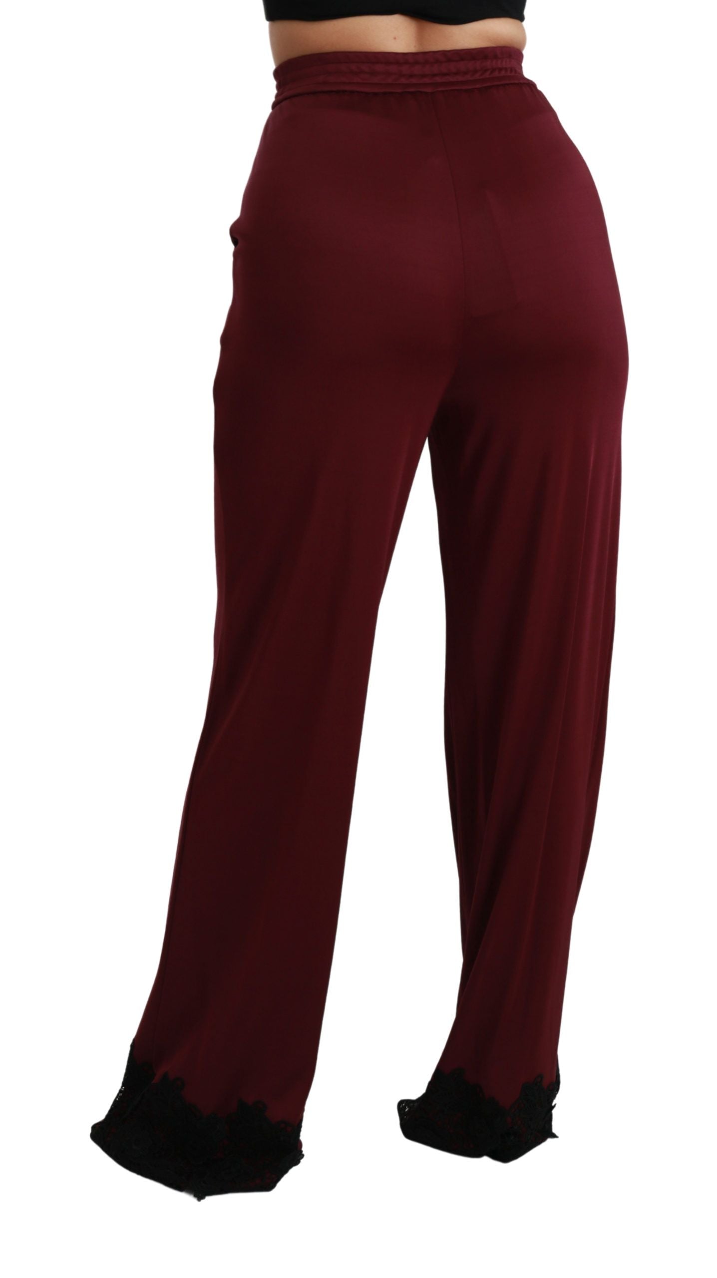 Black lace high waist wide-leg maroon pants by Dolce & Gabbana, featuring intricate lace details and flowing wide-leg design.