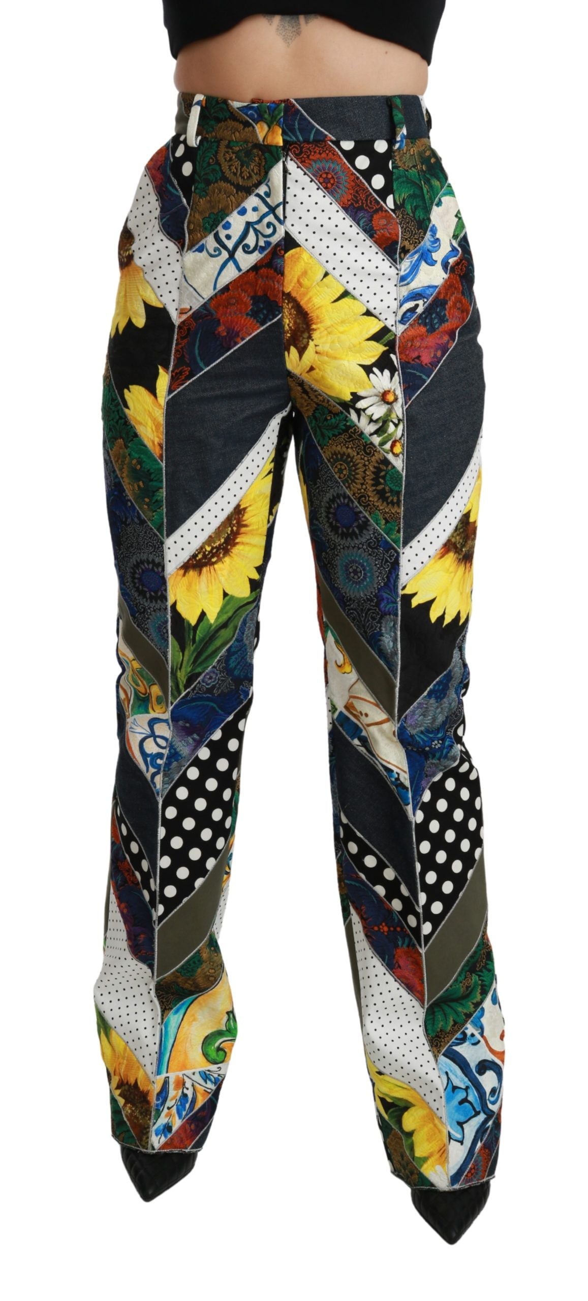 Multicolor print high-waist straight pants by Dolce & Gabbana displayed on a model with a vibrant, artistic design.