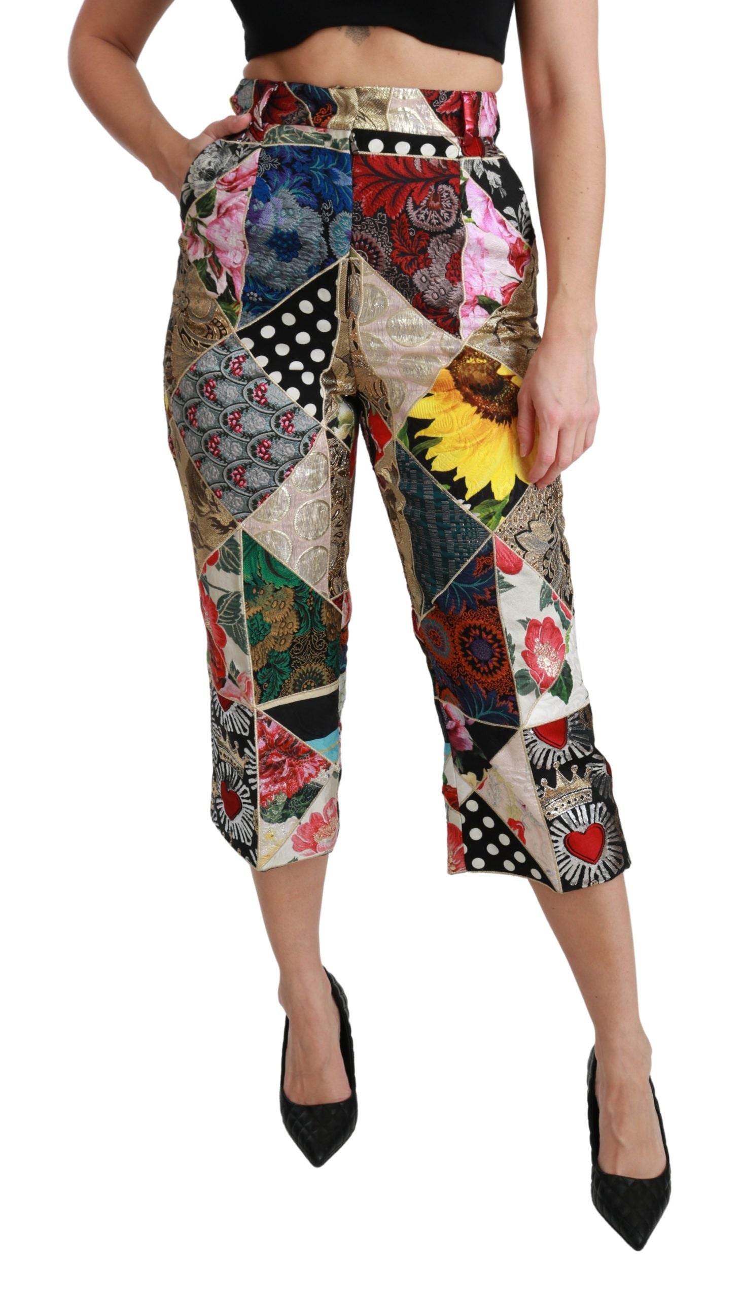Multicolor print silk high-waist cropped pants by Dolce & Gabbana, featuring a stylish and luxurious design.
