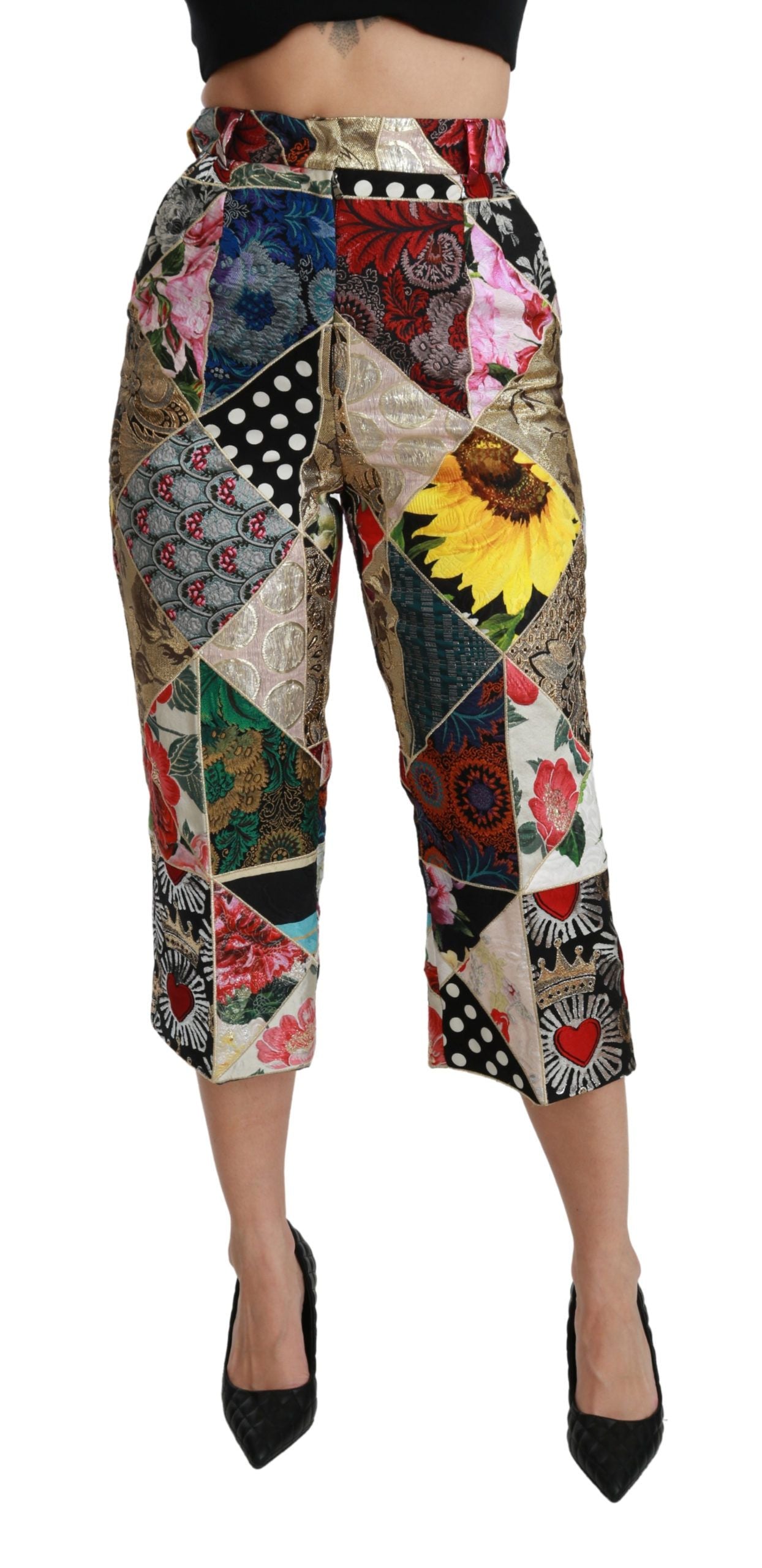 Multicolor printed silk high-waist cropped pants by Dolce & Gabbana, showcasing a vibrant, stylish design.