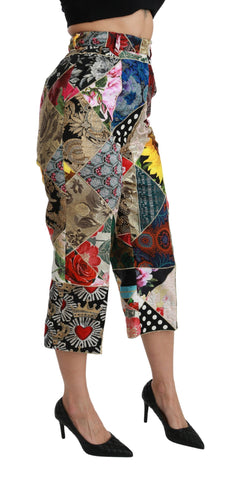 Multicolor silk high-waist cropped pants by Dolce & Gabbana with a vibrant print and tailored fit.