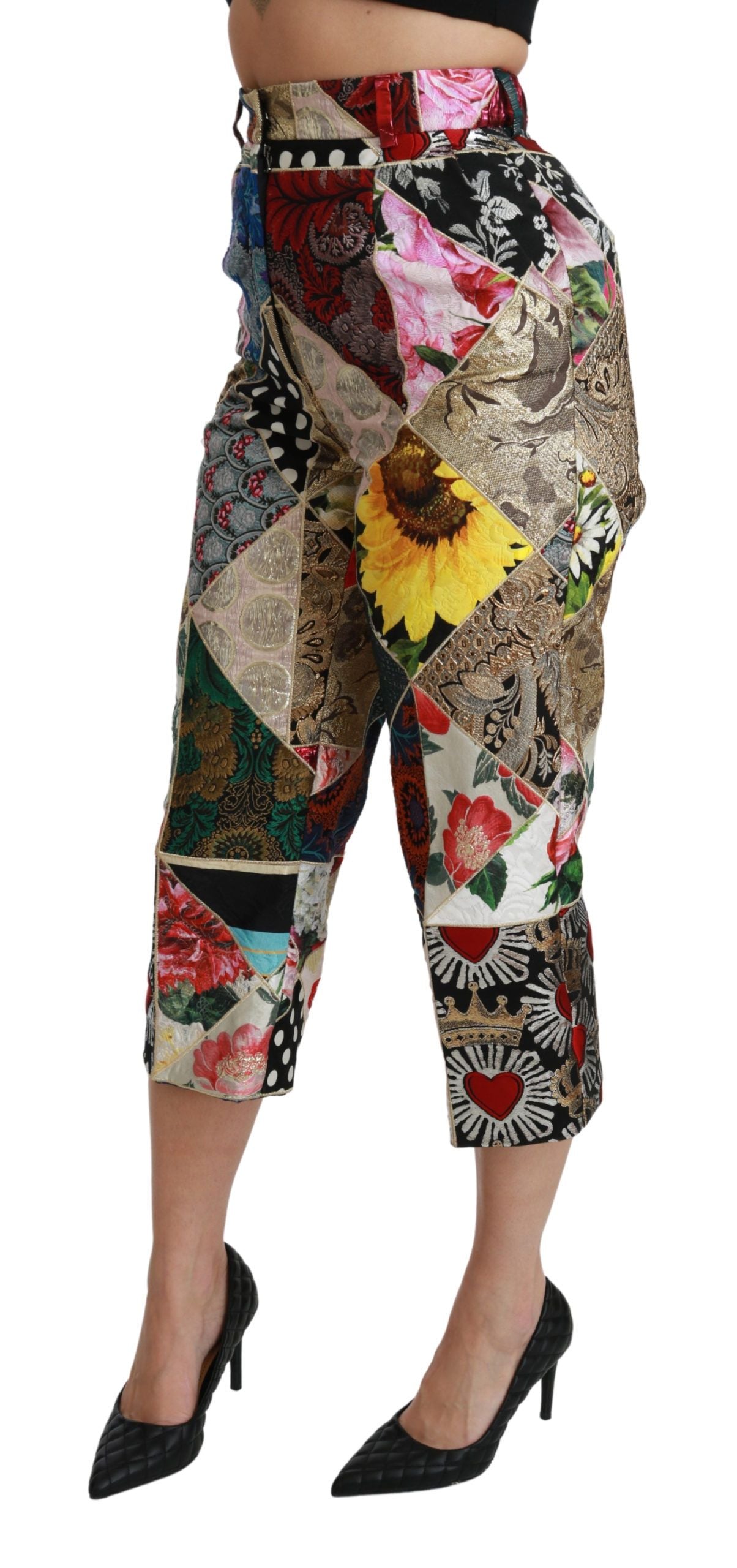 Multicolor printed silk high waist cropped pants by Dolce & Gabbana, showcasing vibrant patterns and luxurious fabric.