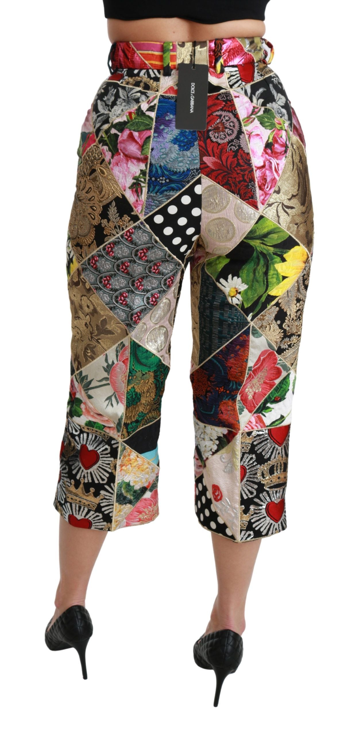 Multicolor printed silk high-waist cropped pants by Dolce & Gabbana, featuring a stylish and vibrant design.