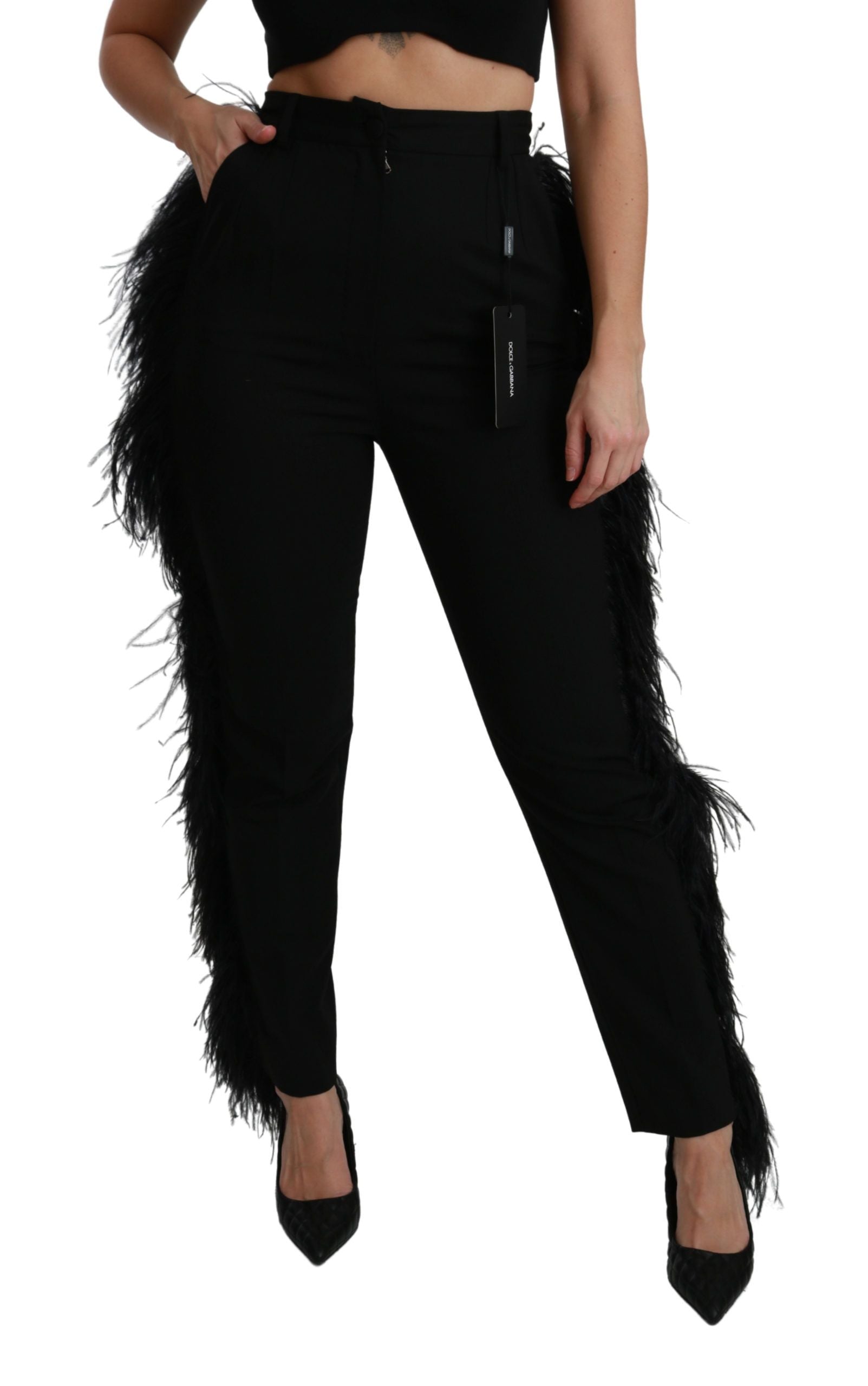 Black feather-embellished high waist wool pants by Dolce & Gabbana, featuring a sleek straight-leg design.