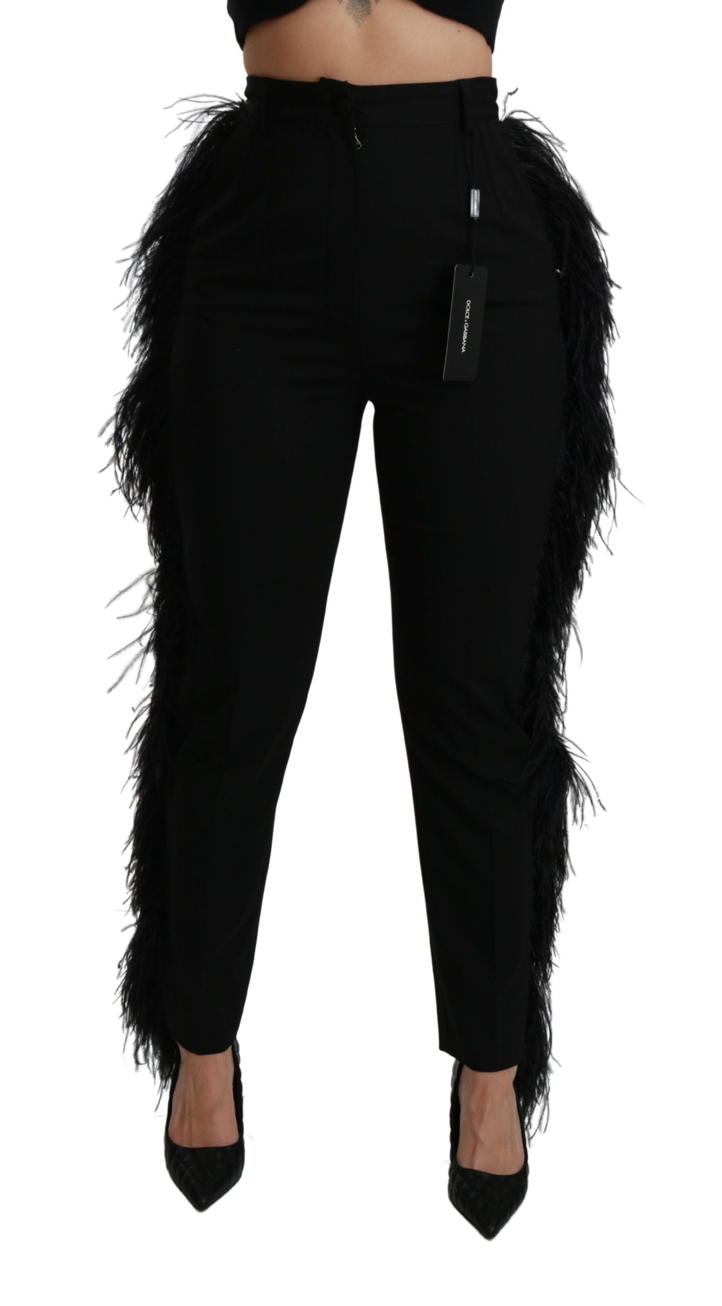 Black feathered high-waist wool pants by Dolce & Gabbana, featuring a sleek straight-leg design and tailored fit.