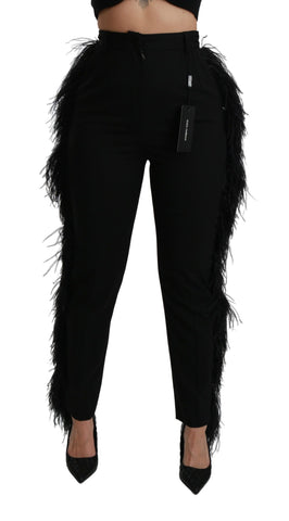 Black feathered high-waist wool pants by Dolce & Gabbana, featuring a sleek straight-leg design and tailored fit.