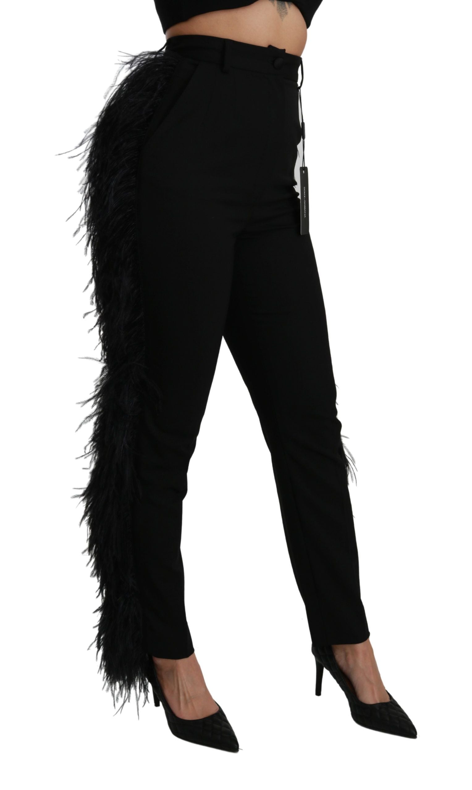 Black feathered high waist wool pants by Dolce & Gabbana, straight fit with elegant feather detailing.