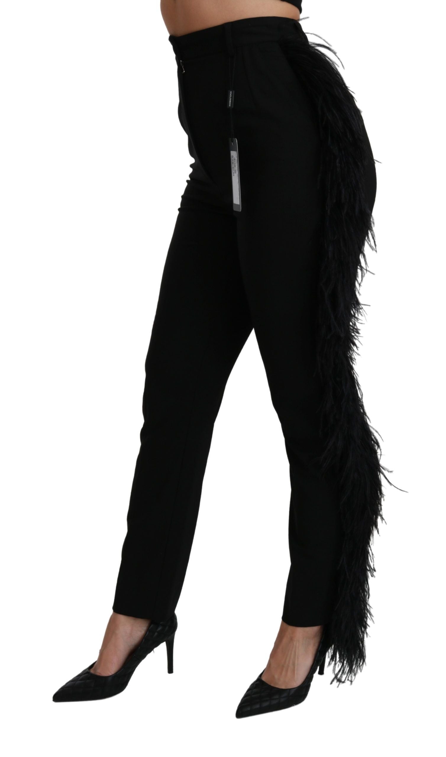 Black feathered high waist wool pants by Dolce & Gabbana, featuring a sleek straight-leg design.