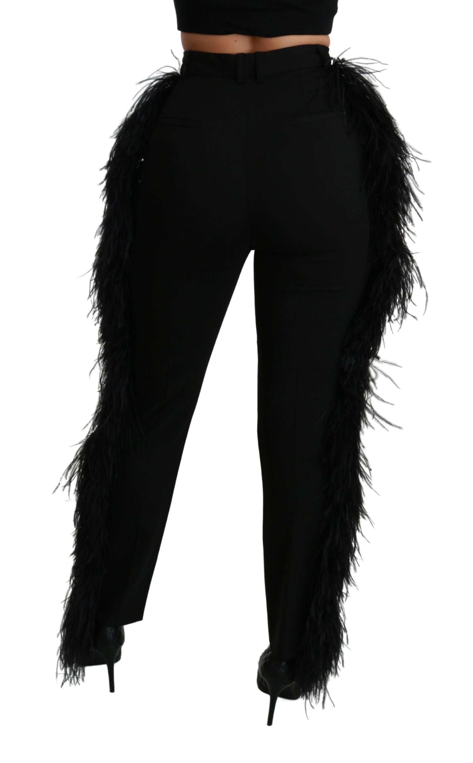 Black feathered high waist wool pants by Dolce & Gabbana, featuring a sleek straight-leg design and elegant tailoring.