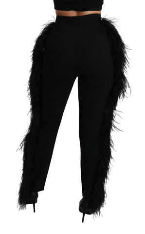Black feathered high waist wool pants by Dolce & Gabbana, featuring a sleek straight-leg design and elegant tailoring.