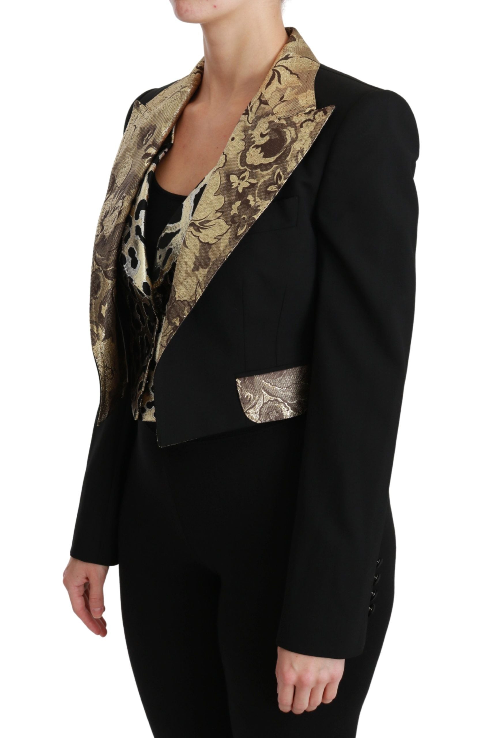 Black jacquard vest blazer coat by Dolce & Gabbana, featuring tailored fit and elegant wool fabric with intricate woven pattern.
