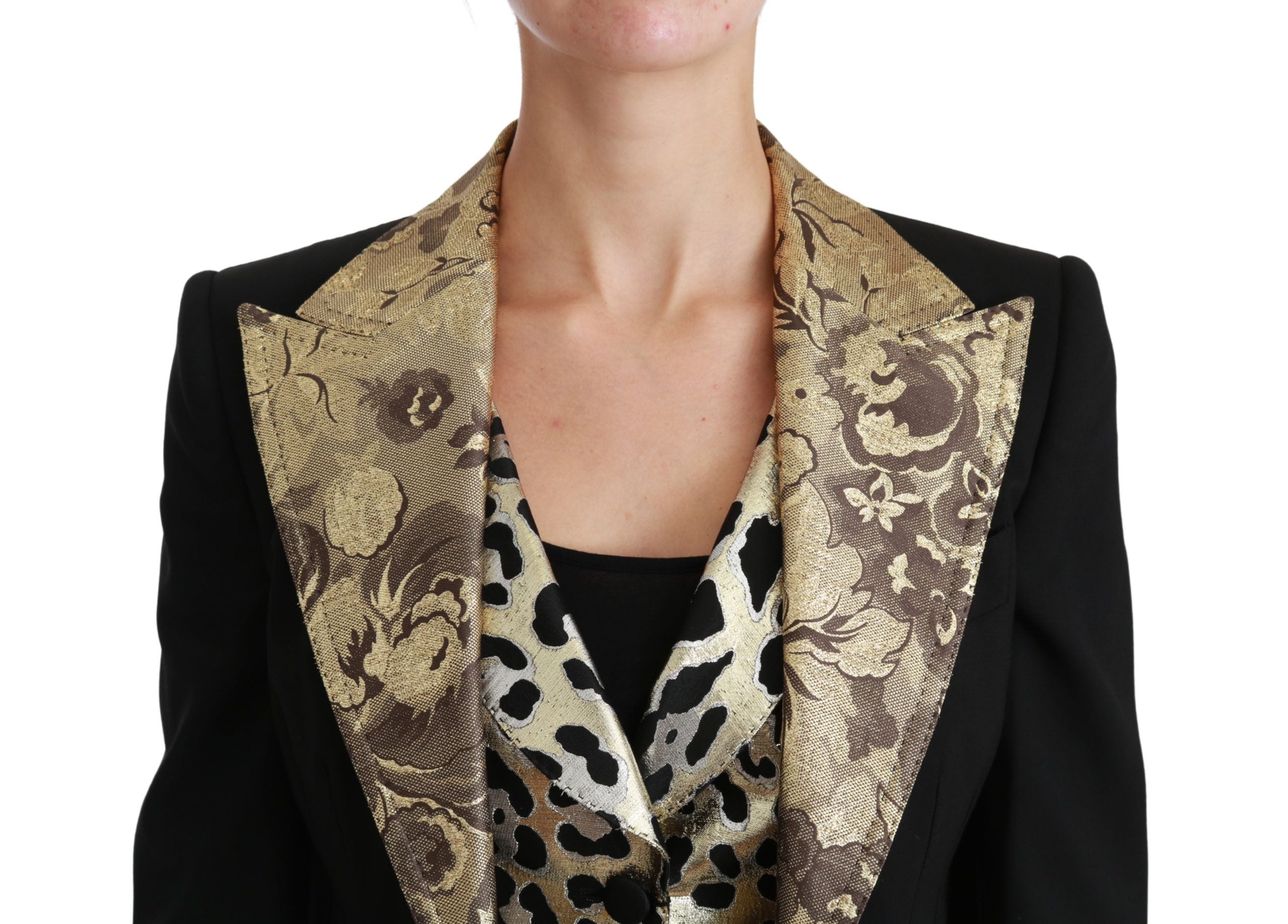 Black Jacquard blazer coat with wool fabric, Dolce & Gabbana vest-style jacket, tailored fit, stylish and sophisticated.