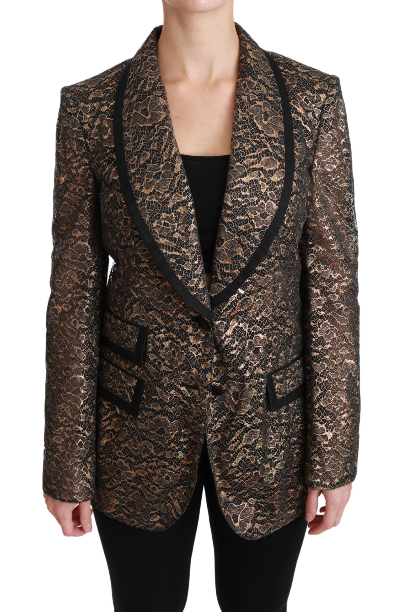 Dolce & Gabbana gold and black lace blazer coat with floral embroidery, tailored fit, stylish formal jacket for women.