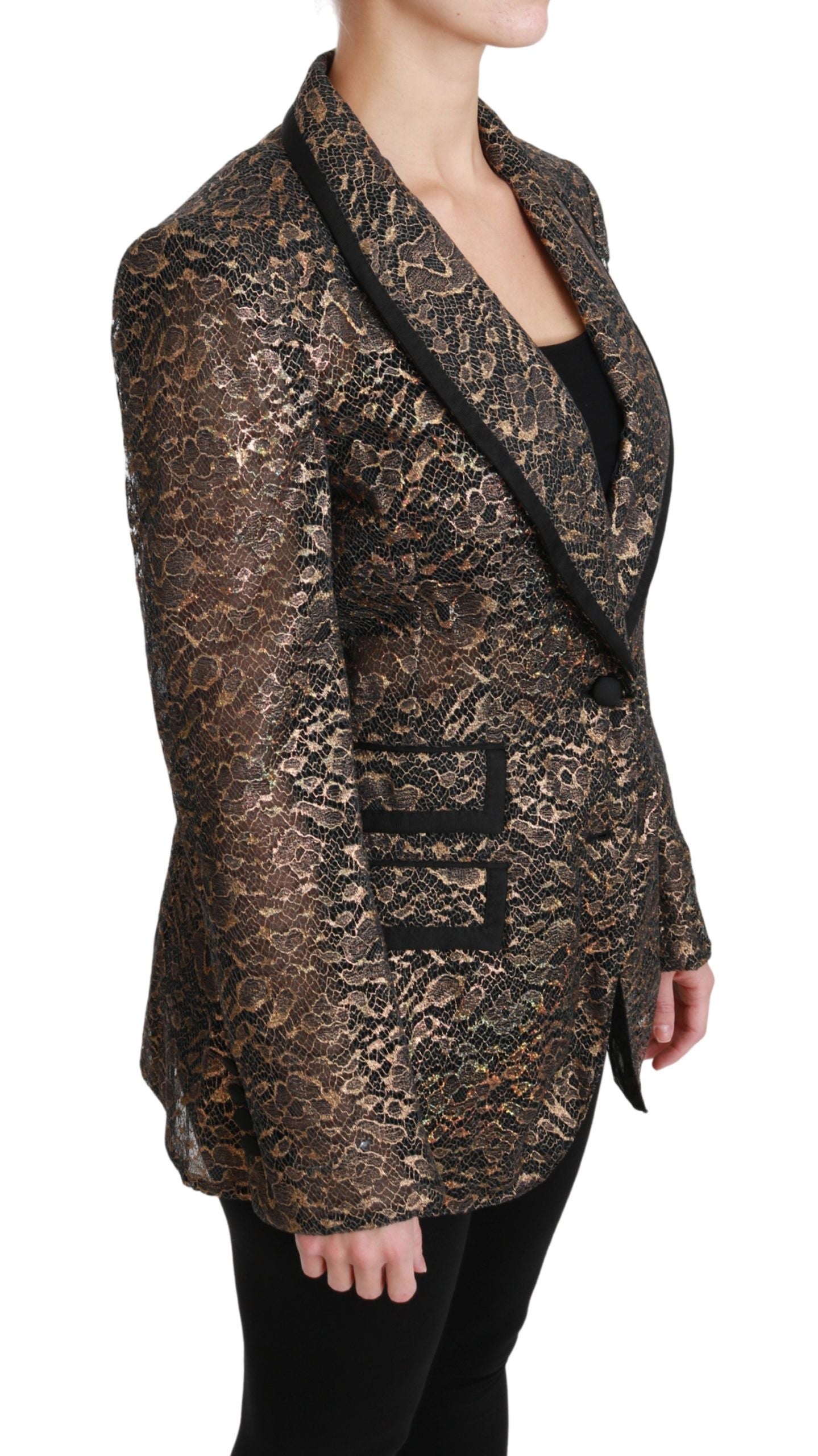 Dolce & Gabbana gold and black lace blazer coat with floral design, stylish tailored jacket for elegant fashion statement.