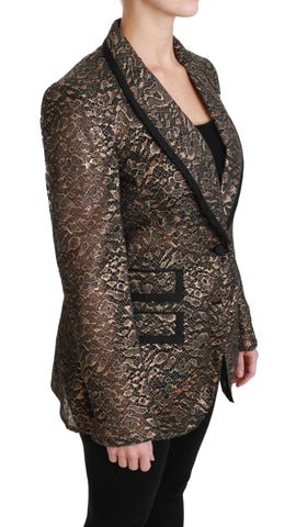 Dolce & Gabbana gold and black lace blazer coat with floral design, stylish tailored jacket for elegant fashion statement.