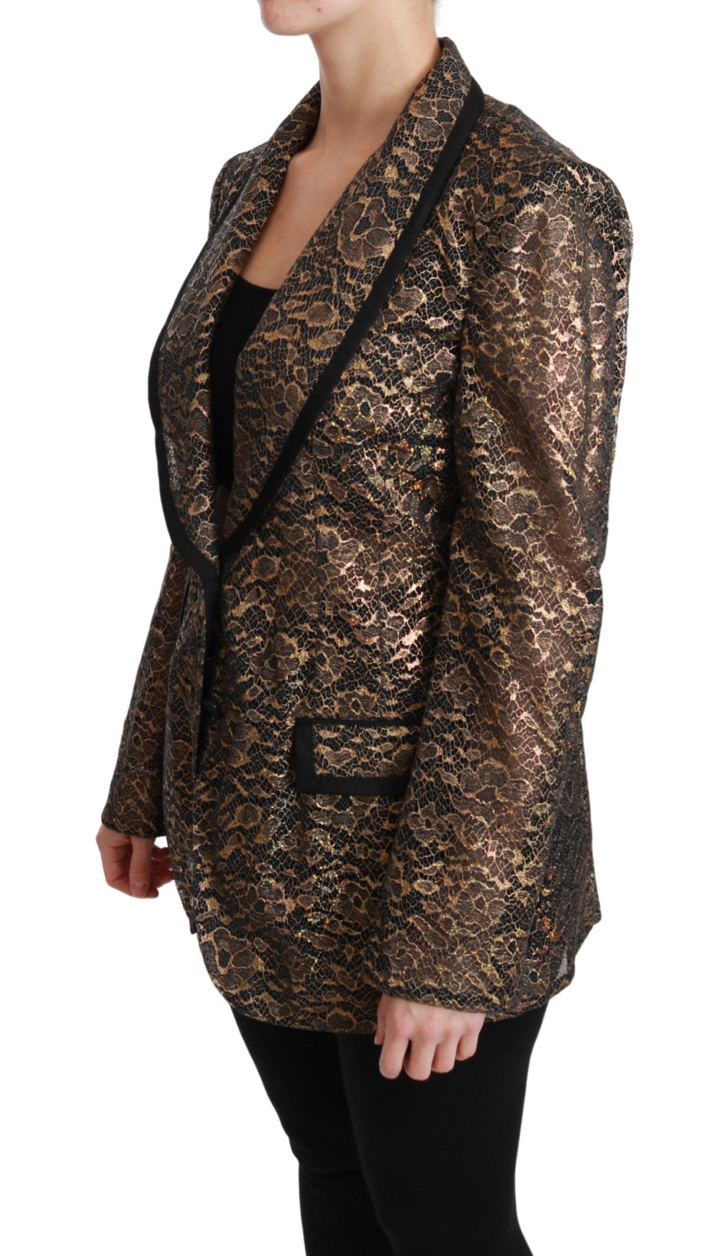 Dolce & Gabbana gold and black lace blazer coat with floral design, tailored fit, and elegant style.