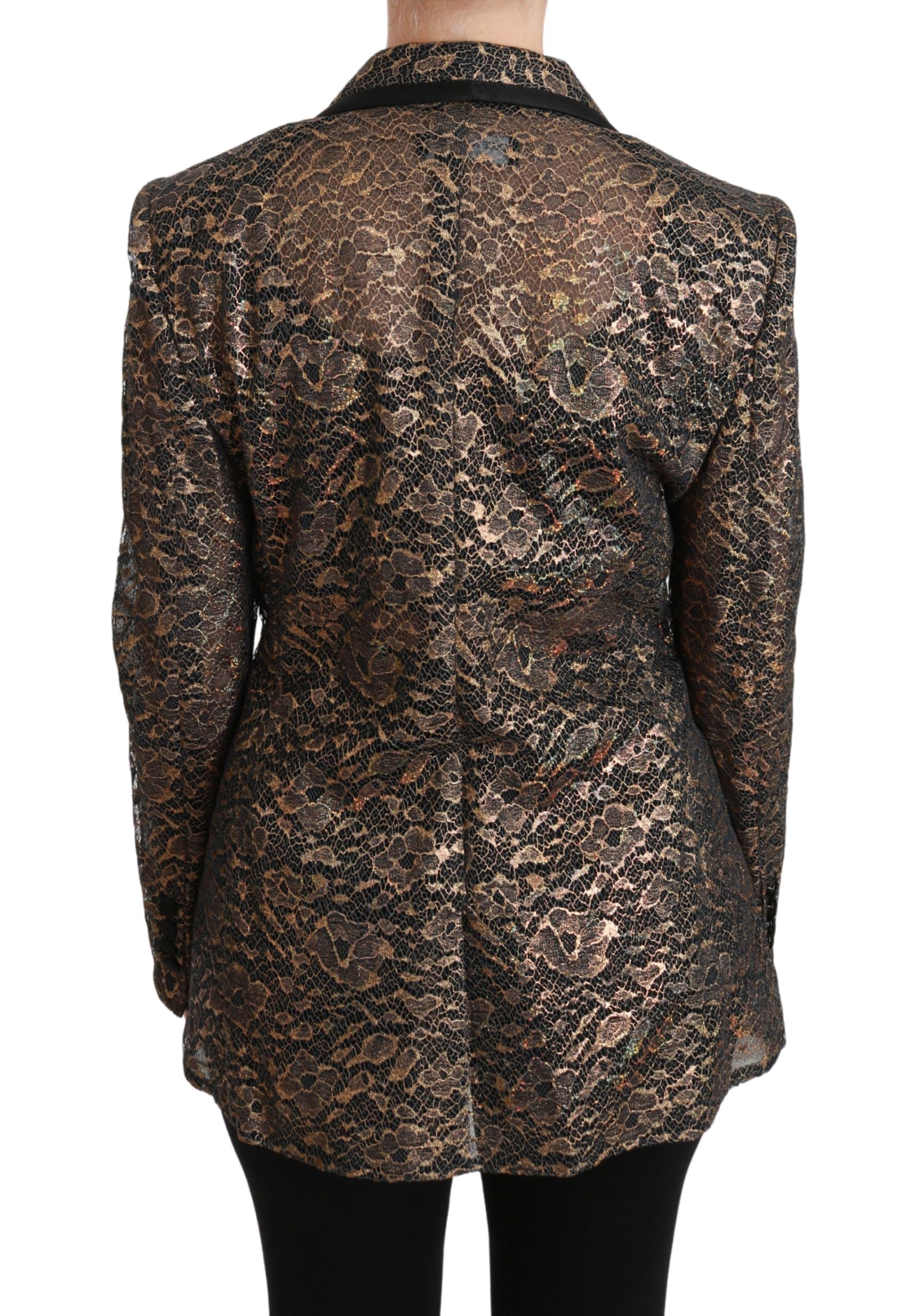Dolce & Gabbana gold and black lace blazer coat with floral design, tailored fit, and elegant style.