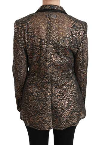 Dolce & Gabbana gold and black lace blazer coat with floral design, tailored fit, and elegant style.