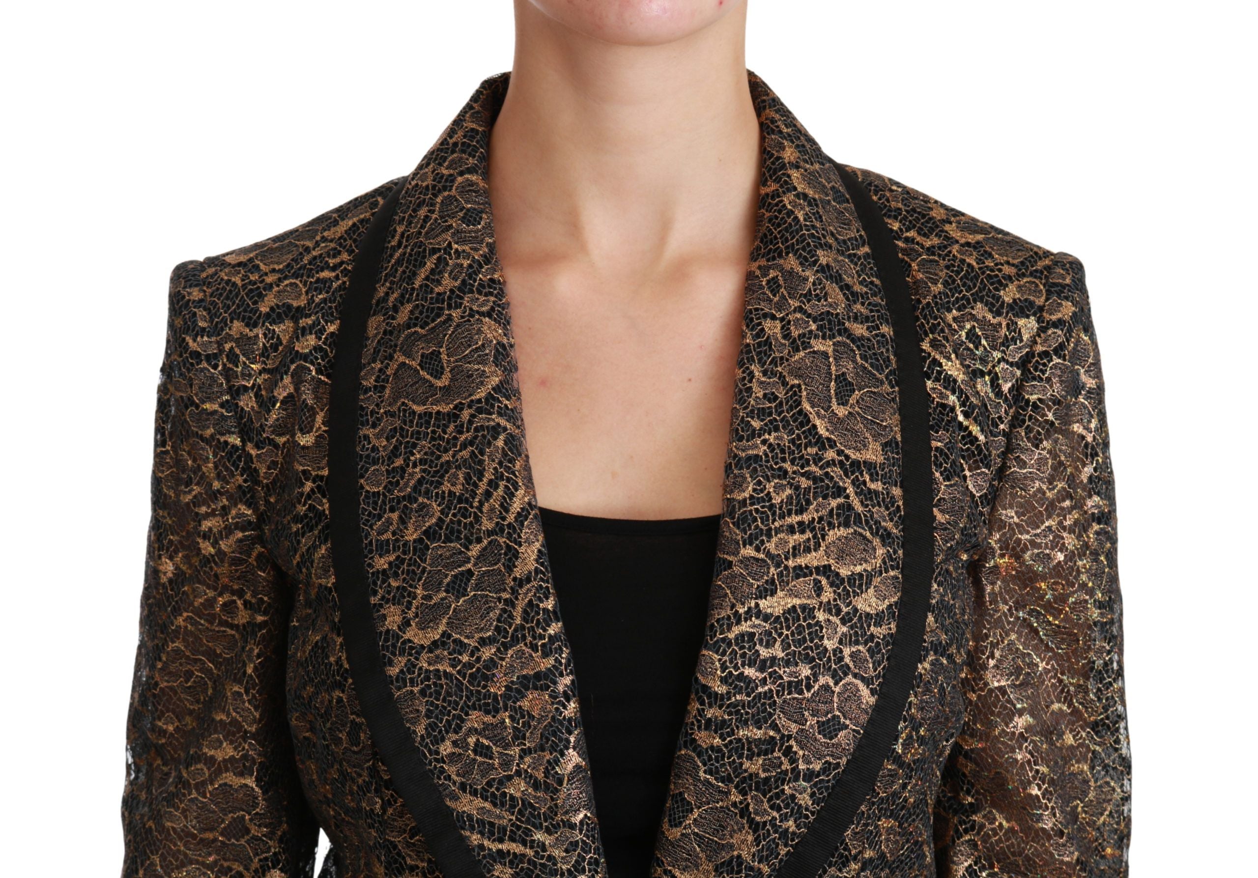 Dolce & Gabbana gold and black lace blazer coat with floral design, tailored jacket featuring elegant lace details.