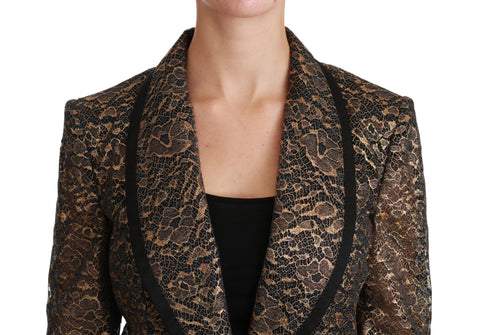Dolce & Gabbana gold and black lace blazer coat with floral design, tailored jacket featuring elegant lace details.