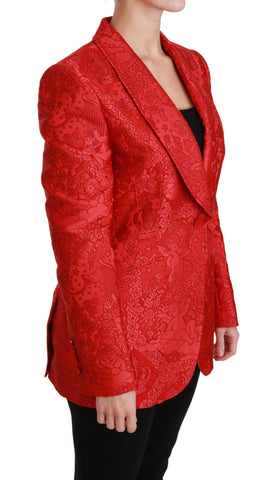 Red floral angel blazer coat by Dolce & Gabbana featuring a tailored fit and vibrant floral embroidery detailed with angel motifs.