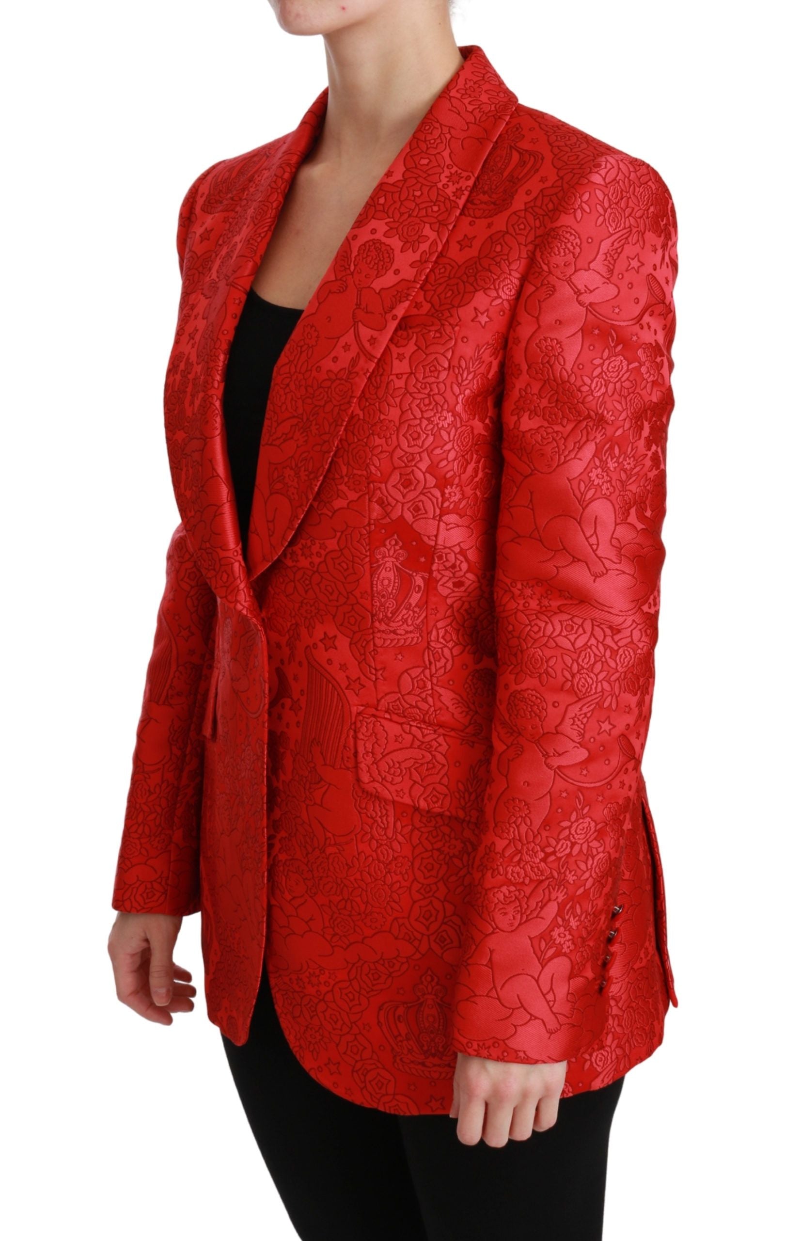 Red floral angel blazer coat by Dolce & Gabbana, featuring a tailored fit and vibrant floral embroidery.