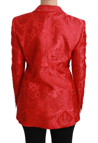 Red floral angel blazer coat by Dolce & Gabbana featuring a tailored fit, floral embroidery, and elegant collar details.
