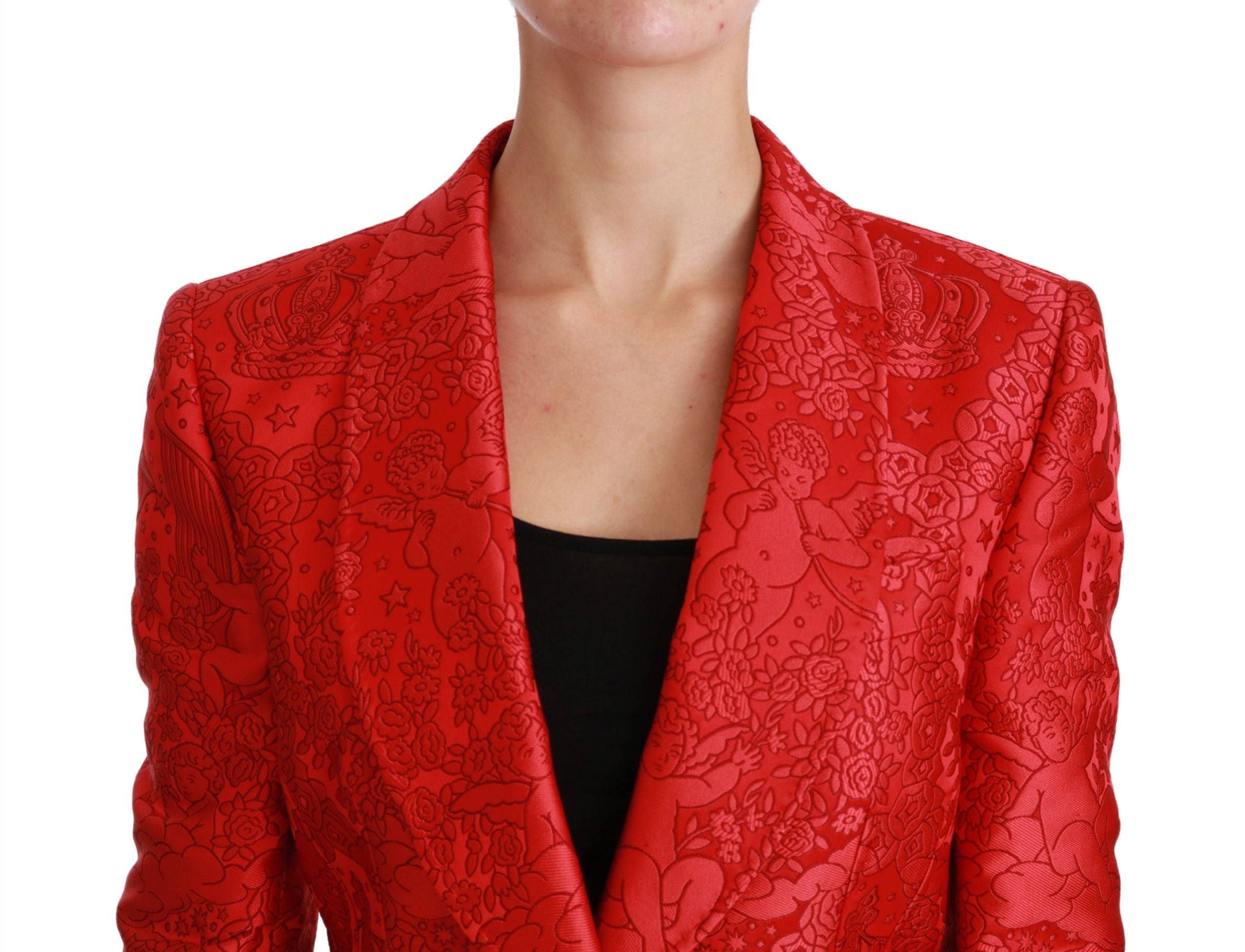 Dolce & Gabbana red floral angel blazer coat jacket with tailored fit and floral pattern, stylish outerwear for women.