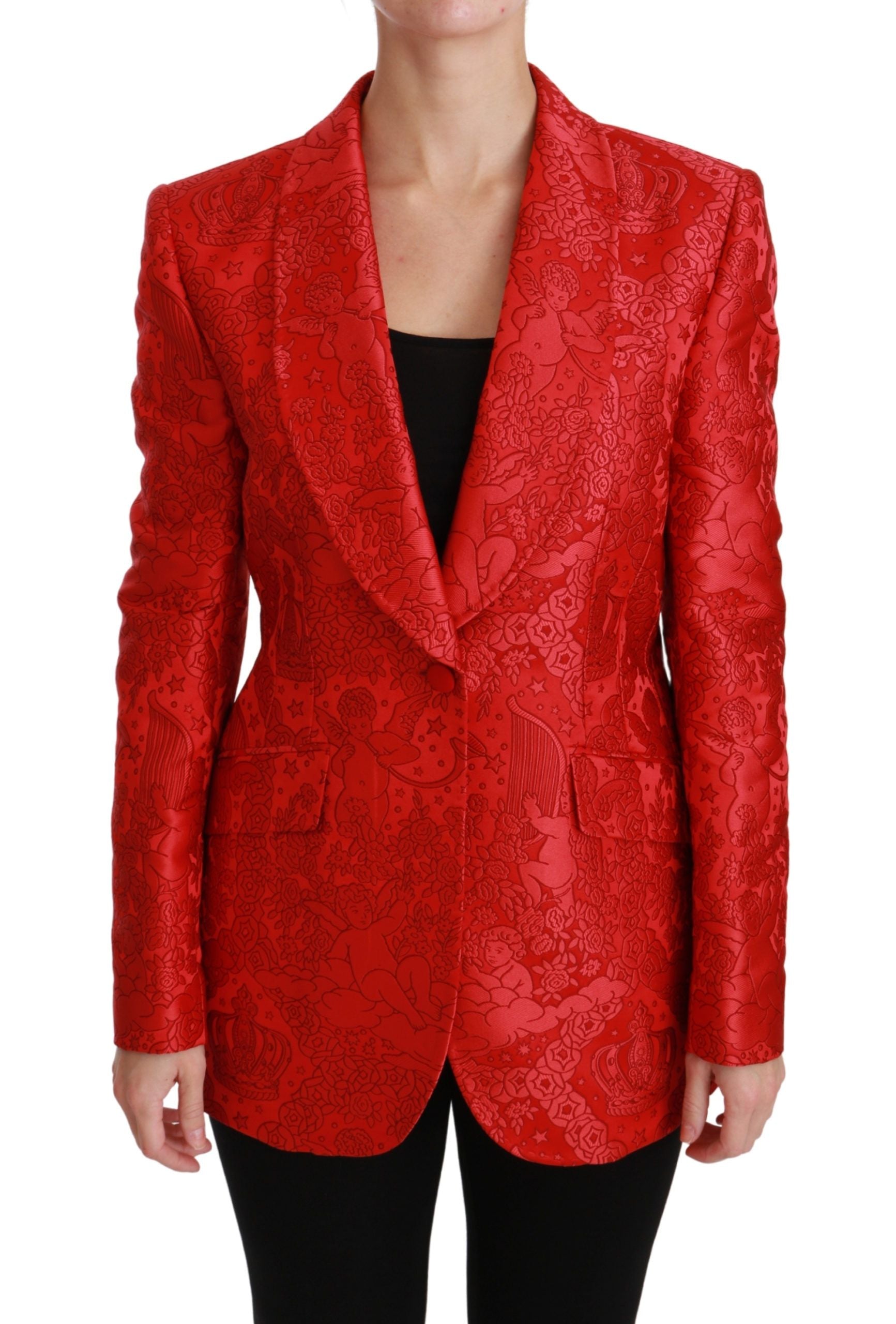 Red floral angel blazer coat by Dolce & Gabbana featuring a tailored fit and floral embroidery, worn over a stylish outfit.