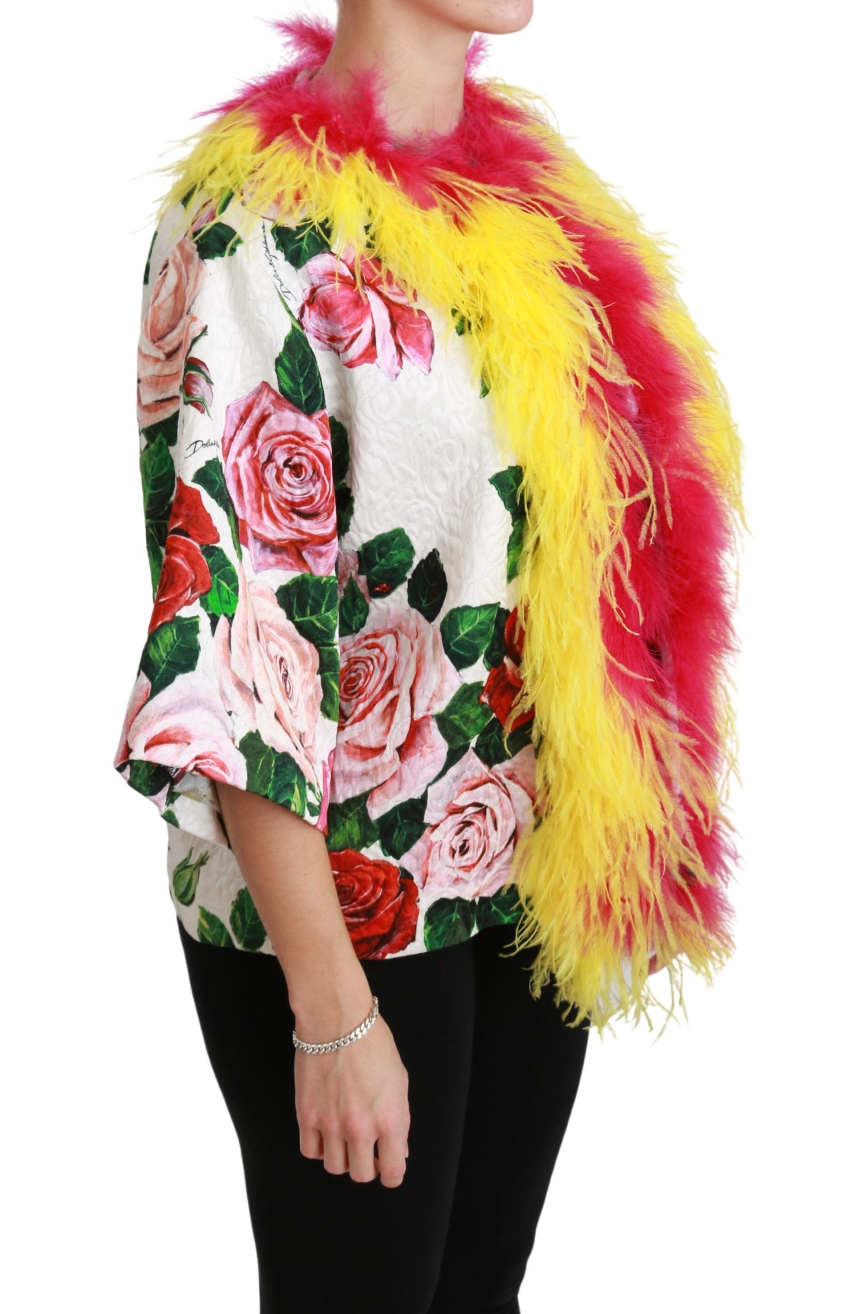 White floral coat by Dolce & Gabbana featuring fur roses and a stylish design, perfect for elegant winter wear.