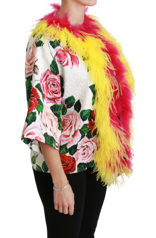 White floral coat by Dolce & Gabbana featuring fur roses and a stylish design, perfect for elegant winter wear.